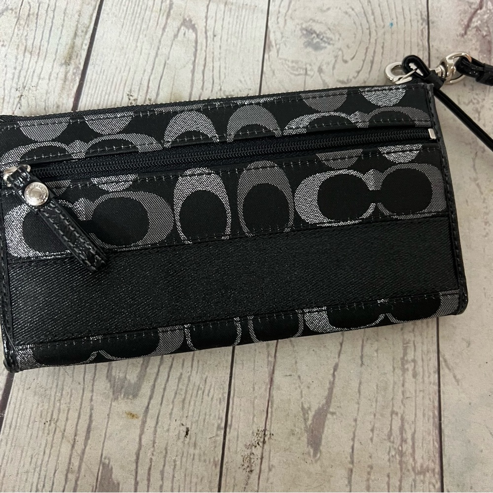 Coach Black Silver Signature Monogram Canvas Stripe Wristlet Wallet Metallic - Picture 13 of 15